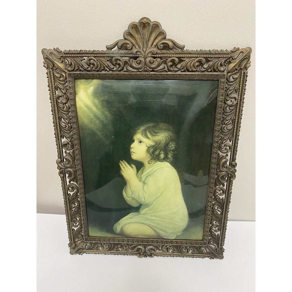 Vtg LARGE Italy Ornate 19" Framed Brass Decor Convex Glass Praying Child Picture